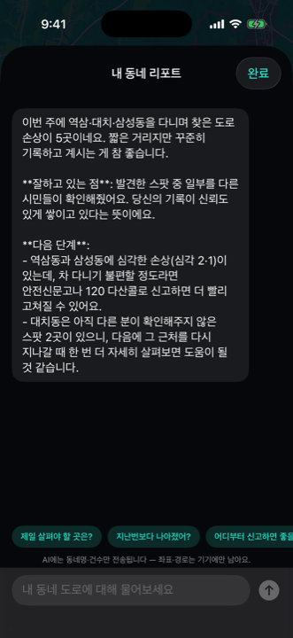NumTerra 내 동네 리포트 화면 — AI 도로 리포트 대화